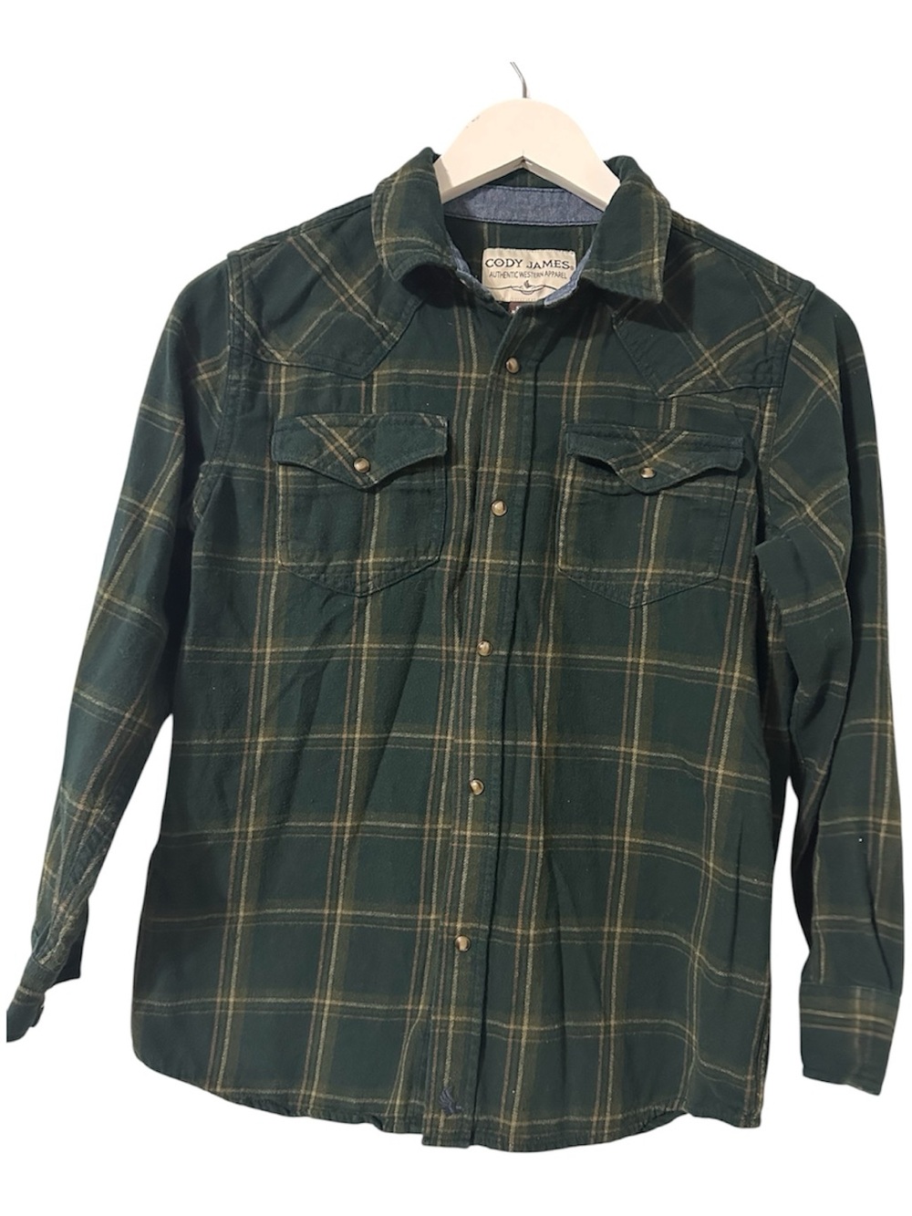 Cody James green plaid flannel western shirt.